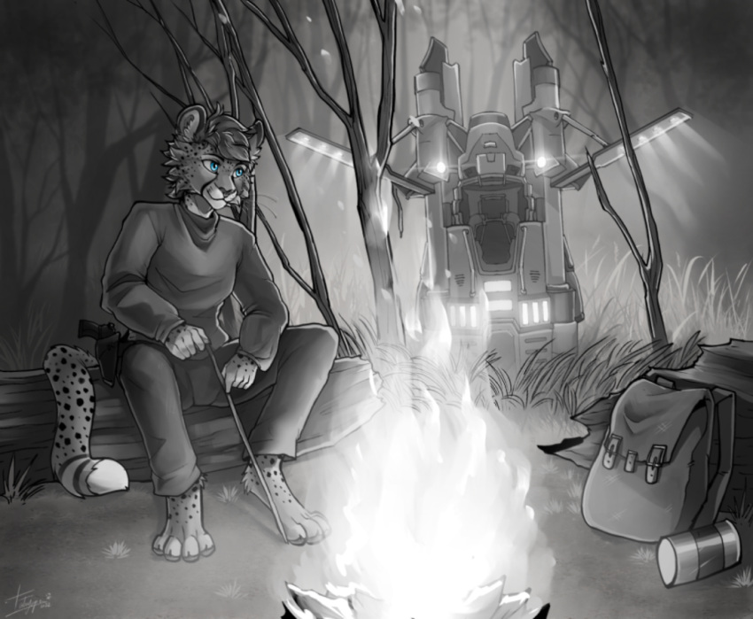 anthro backpack barefoot black_and_white blue_eyes campfire camping cheetah clothed clothing escape_pod feet felid feline fire forest gun landing_craft log male mammal mang monochrome paws plant ranged_weapon solo spacecraft spots tatujapa technology tree vehicle weapon wilderness wood