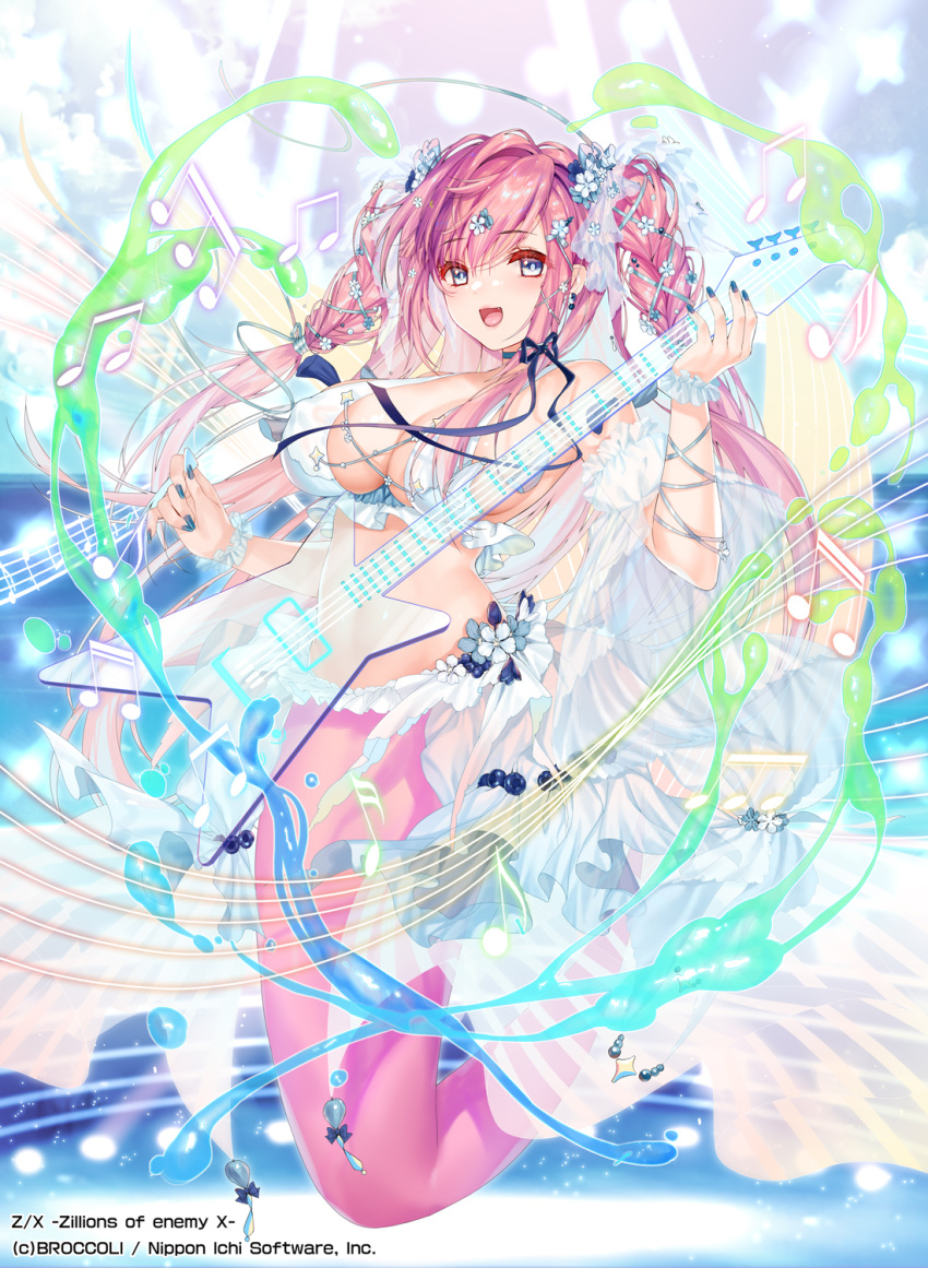 1girl bangs bikini bikini_top_only blue_eyes braid breasts choker cleavage eyebrows_visible_through_hair fang frederica_(z/x) guitar highres holding holding_instrument instrument large_breasts looking_at_viewer mermaid monster_girl obiwan open_mouth pink_hair plectrum solo swimsuit twin_braids twintails z/x