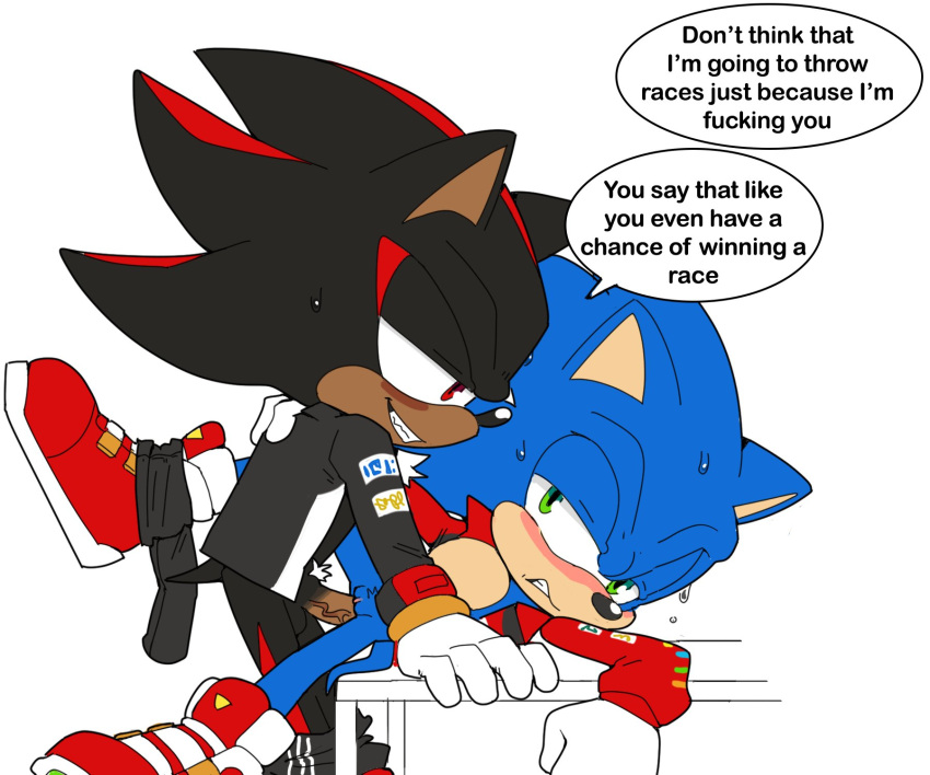 andromorph anthro arrow_hearted balls blush bodily_fluids bottomless clothed clothing crossgender dialogue duo furniture genitals hi_res intersex intersex/male jacket male on_table penis pubes pussy sega shadow_the_hedgehog sonic_the_hedgehog sonic_the_hedgehog_(series) speech_bubble sweat table topwear vaginal