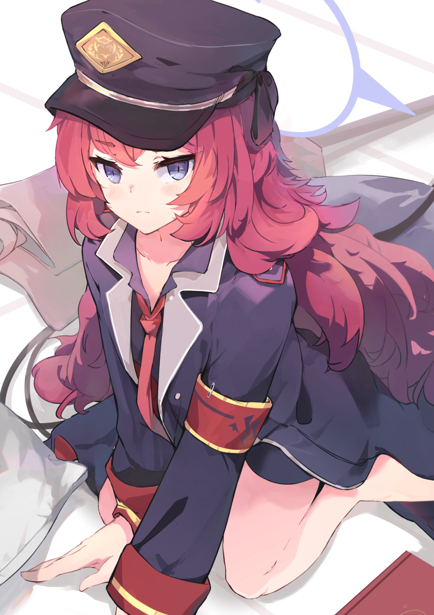 1girl annoyed arm_support armband bare_legs black_headwear black_jacket blue_archive commentary feet_out_of_frame grey_eyes halo hat highres iroha_(blue_archive) jacket kneeling koomoi long_hair long_sleeves looking_at_viewer military military_uniform necktie peaked_cap pillow red_hair red_necktie safety_pin sidelocks solo tile_floor tiles uniform