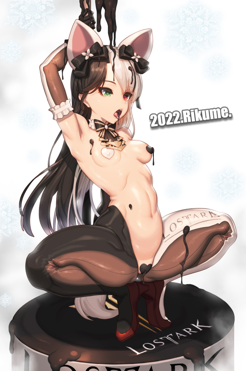 1girl arm_behind_head armpits bangs bare_shoulders black_hair breasts covered_nipples green_eyes heart_pasties heterochromia high_heels highres long_hair lost_ark maebari meme_attire navel open_mouth pasties red_eyes reverse_bunnysuit reverse_outfit rikume small_breasts solo spread_legs squatting tiptoes tongue tongue_out white_hair