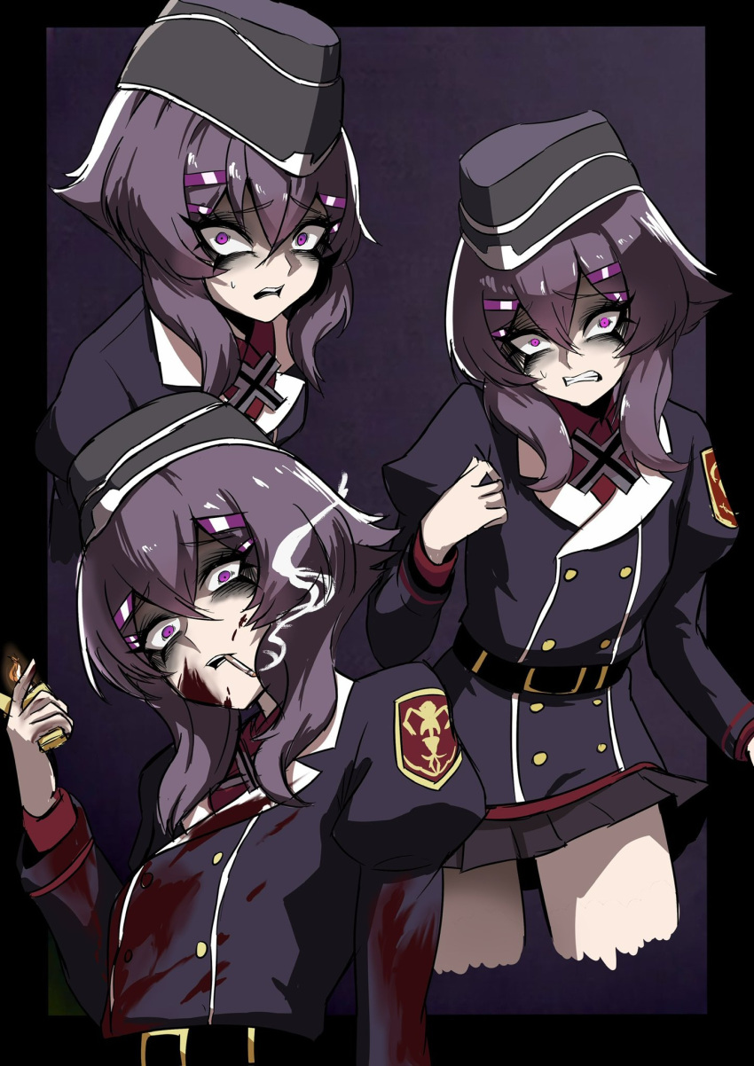 black_hair blood blue_archive commentary_request garrison_cap hair_between_eyes hair_ornament hairclip halo haruka_(blue_archive) hat highres long_hair long_sleeves looking_at_viewer multiple_persona nagai_negi purple_eyes purple_hair purple_halo shirt short_hair