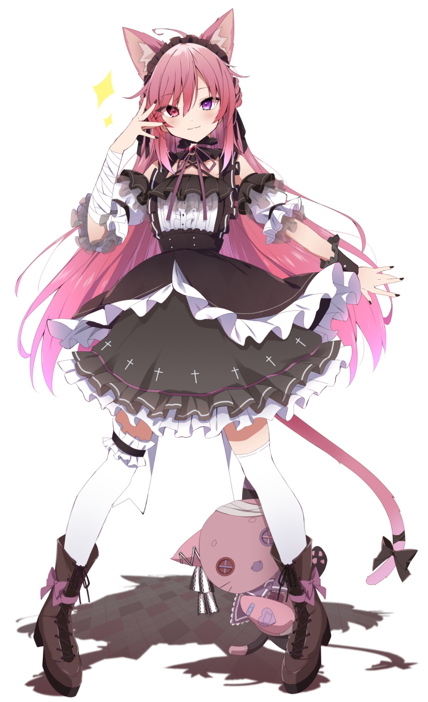 1girl animal_ears bandaged_arm bandages bangs black_bow black_nails black_skirt boots bow brown_footwear cat_ears cat_girl cat_tail center_frills closed_mouth commentary_request detached_sleeves eyebrows_visible_through_hair frilled_shirt frilled_skirt frills full_body hair_between_eyes hand_up heterochromia highres kurono_yuzuko long_hair looking_at_viewer mikeneko_(utaite) nail_polish niconico pink_hair puffy_short_sleeves puffy_sleeves purple_eyes red_eyes shirt short_sleeves skirt smile solo sparkle standing stuffed_animal stuffed_cat stuffed_toy tail tail_bow tail_ornament thighhighs thighhighs_under_boots very_long_hair white_background white_legwear white_shirt white_sleeves