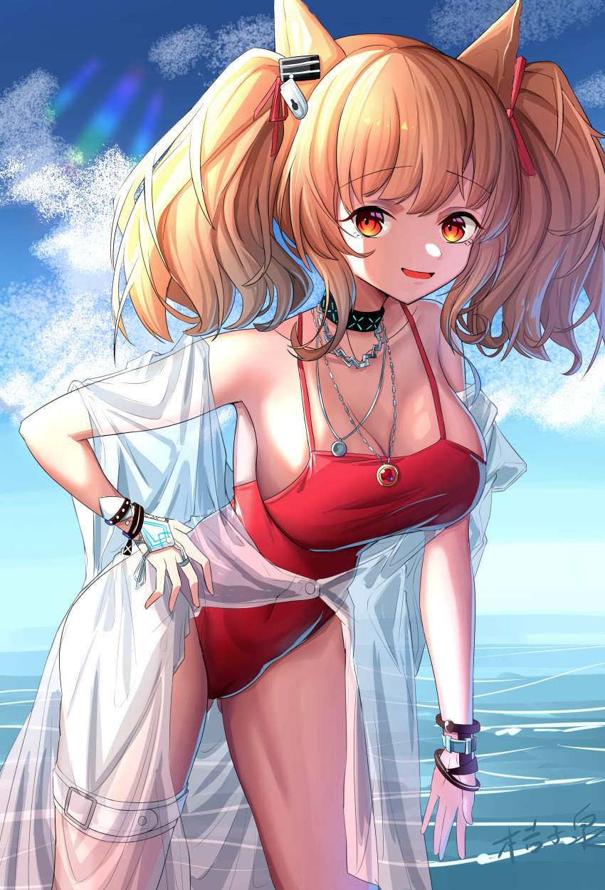 1girl absurdres angelina_(arknights) angelina_(summer_flowers)_(arknights) animal_ears arknights black_collar breasts casual_one-piece_swimsuit cleavage cloud cloudy_sky coat collar collarbone covered_navel cowboy_shot earpiece eyebrows_visible_through_hair fox_ears fox_girl fox_tail hair_between_eyes highres jewelry large_breasts looking_at_viewer necklace ocean official_alternate_costume one-piece_swimsuit open_clothes open_coat orangeizumi red_ribbon red_swimsuit ribbon signature sky spaghetti_strap standing sunlight swimsuit swimsuit_cover-up tail twintails water white_coat