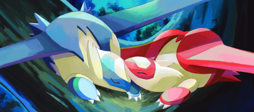 1boy 1girl absurdres closed_eyes commentary_request highres latias latios lying night no_humans no_mouth on_stomach pokemon pokemon_(creature) pokemon_focus shinn_556 sleeping tagme