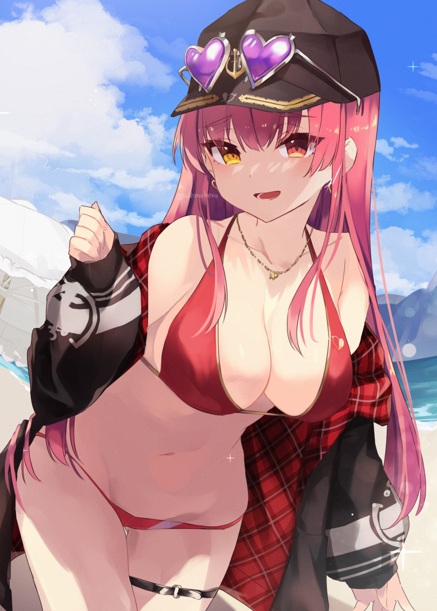 1girl absurdres bikini black_headwear black_jacket blue_sky breasts cloud commentary_request day earrings eyebrows_visible_through_hair eyewear_on_headwear hat heart heart-shaped_eyewear heart_earrings heart_necklace hetero highres hololive houshou_marine jacket jewelry large_breasts leg_garter long_hair long_sleeves looking_at_viewer nabeniuitagomi navel outdoors red_bikini red_eyes red_hair sky solo sunglasses swimsuit virtual_youtuber yellow_eyes