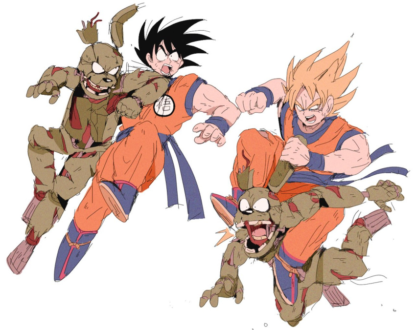 2boys animal_ears bendedede black_hair blonde_hair crossover dougi dragon_ball dragon_ball_z five_nights_at_freddy's kicking multiple_boys rabbit_ears short_hair son_goku spiked_hair springtrap super_saiyan super_saiyan_1