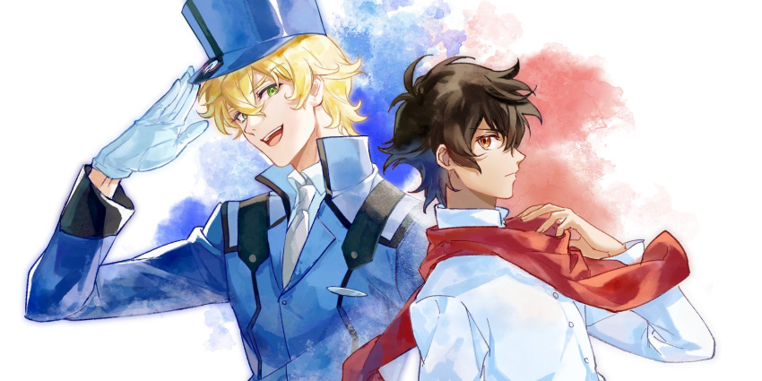 2boys black_hair blonde_hair blue_shirt collared_shirt gloves graham_aker green_eyes gundam gundam_00 hair_behind_ear highres male_focus multiple_boys necktie open_mouth red_scarf rushkat_730 salute scarf setsuna_f._seiei shirt smile v-shaped_eyebrows white_gloves white_necktie white_shirt