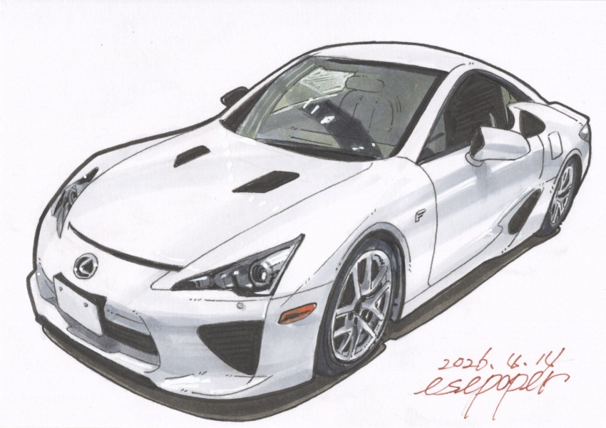 car commentary_request dated deformed esepoper highres lexus lexus_lfa motor_vehicle original shadow signature simple_background sports_car traditional_media vehicle_focus white_car