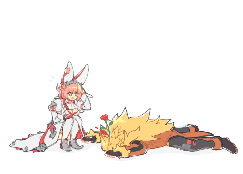 1boy 1girl ahoge animal_ears aqua_eyes black_footwear black_gloves blonde_hair blood breasts cleavage clover coat elphelt_valentine fake_animal_ears fingerless_gloves flower flying_sweatdrops fur-trimmed_coat fur-trimmed_sleeves fur_trim gloves grey_background grey_footwear guilty_gear hairband hand_on_own_head hannim_7h highres leo_whitefang long_hair lying multicolored_clothes multicolored_gloves on_stomach open_mouth orange_coat pink_hair red_flower red_gloves red_rose rose short_hair simple_background smile spiked_hairband spikes squatting sweat sweatdrop thighhighs white_gloves white_legwear