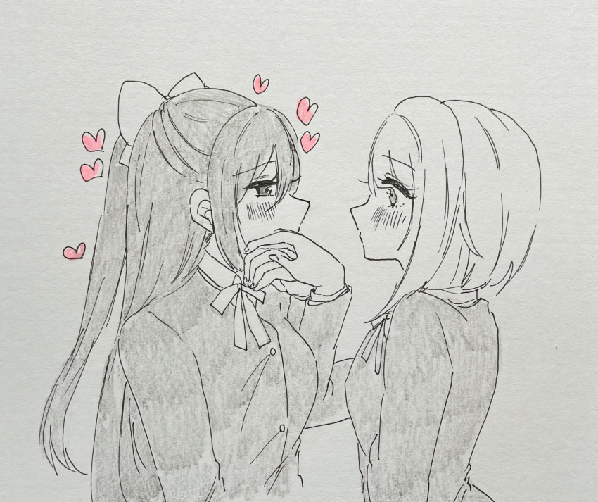 2girls bob_cut bow collared_shirt commentary_request ei_(eis0612) eye_contact graphite_(medium) greyscale hair_bow half_updo heart highres inverted_bob jacket kiss kissing_hand long_hair long_sleeves looking_at_another love_live! love_live!_nijigasaki_high_school_idol_club monochrome multiple_girls nakasu_kasumi neck_ribbon nijigasaki_school_uniform osaka_shizuku pen_(medium) ponytail ribbon school_uniform shirt short_hair simple_background spot_color traditional_media white_background wide-eyed winter_uniform yuri