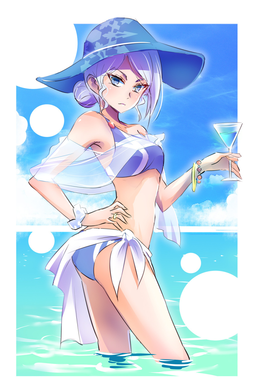 1girl alcohol bikini blue_bikini blue_eyes bracelet breasts cocktail_glass commentary_request cup curly_hair drinking_glass glaring hand_on_hip hat highres iesupa jewelry mature_female ring rwby sarong scarf scrunchie see-through solo sun_hat swimsuit wading water wedding_ring white_hair willow_schnee wine wrist_scrunchie