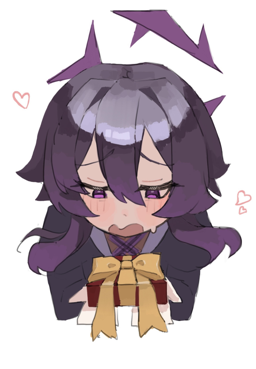 blue_archive bow box commentary_request cross gift gift_box gift_wrapping half-closed_eyes halo haruka_(blue_archive) heart highres holding holding_gift incoming_gift jacket long_sidelocks looking_down medium_hair metronomechan military_jacket purple_eyes purple_hair purple_halo purple_jacket raised_eyebrows sidelocks simple_background sweatdrop upper_body white_background yellow_bow
