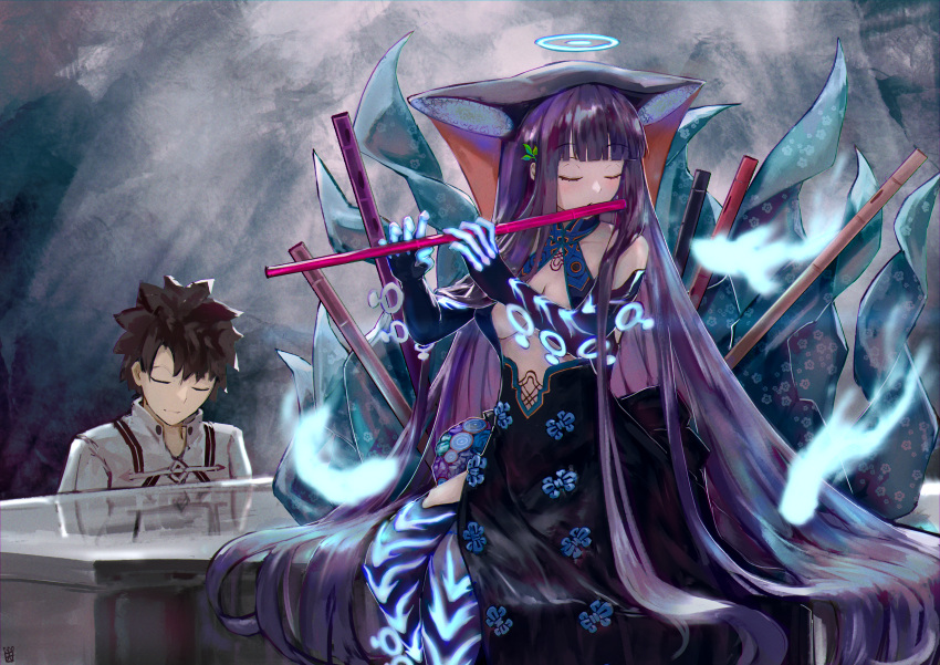 1boy 1girl absurdres bangs bare_shoulders black_dress black_gloves black_hair black_headwear black_legwear blue_fire blunt_bangs blush breasts center_opening closed_eyes dress elbow_gloves fate/grand_order fate_(series) fire fish flute fujimaru_ritsuka_(male) fujimaru_ritsuka_(male)_(decisive_battle_chaldea_uniform) gloves hair_ornament halo highres instrument jacket large_breasts leaf_hair_ornament long_hair music ootato piano playing_instrument purple_hair short_hair sitting smile thighhighs thighs very_long_hair white_jacket yang_guifei_(fate)