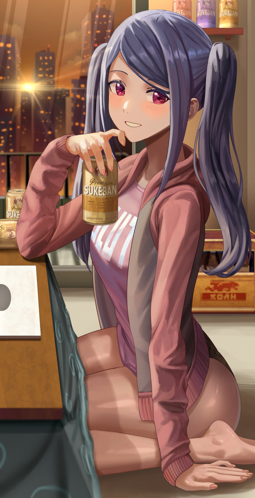 1girl alcohol barefoot beer beer_can black_panties blue_hair blush breasts can elbow_rest from_side grin hand_up highres holding holding_can jill_stingray kotatsu long_hair no_pants on_floor panties pink_shirt pink_sweater print_shirt red_eyes shirt sidelocks silvertsuki sitting slut_shirt smile solo sweater table thighs twintails underwear va-11_hall-a wariza