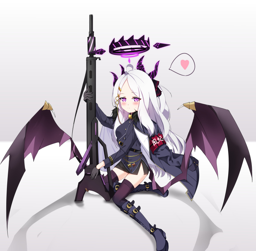 1girl absurdres bangs belt black_footwear black_legwear blue_archive boots coat coat_on_shoulders commentary_request demon_girl demon_horns demon_wings eyebrows_visible_through_hair forehead full_body fur-trimmed_coat fur_trim gun heart highres hina_(blue_archive) holding holding_gun holding_weapon horns jin_tian_xiang_dian_sha knee_boots kneeling long_hair long_sleeves looking_at_viewer machine_gun mg42 military military_uniform parted_bangs pencil_skirt purple_eyes side_slit sidelocks simple_background skirt solo spoken_heart thighhighs uniform weapon white_background white_hair wings zettai_ryouiki