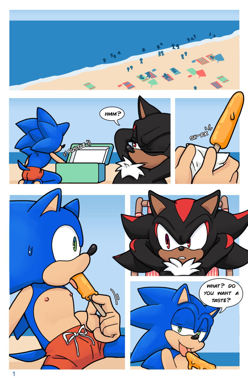 absurd_res anthro arrow_hearted beach clothing comic dialogue duo food hi_res male male/male popsicle seaside sega shadow_the_hedgehog sonic_the_hedgehog sonic_the_hedgehog_(series) speech_bubble swimwear