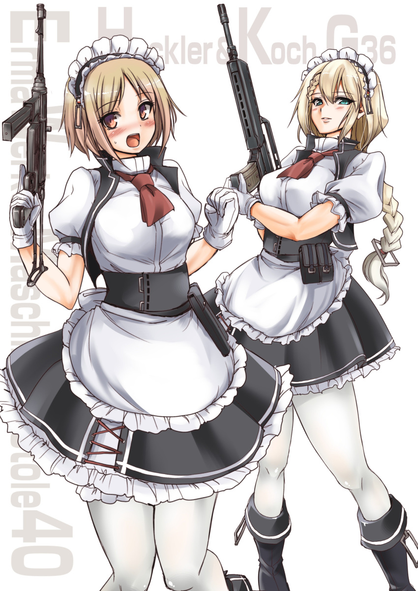 2girls absurdres ammunition_pouch apron arekishi_raiho arm_under_breasts assault_rifle bangs blonde_hair blush boots braid braided_ponytail character_name clenched_hand corset eyebrows_visible_through_hair frilled_skirt frills g36_(girls'_frontline) girls'_frontline gloves green_eyes gun h&amp;k_g36 highres holding holding_weapon knee_boots knees_together_feet_apart maid maid_apron maid_headdress mp40 mp40_(girls'_frontline) multiple_girls neckerchief pantyhose pouch puffy_short_sleeves puffy_sleeves red_neckerchief reloading rifle shirt short_sleeves skirt smile standing strap submachine_gun sweatdrop trigger_discipline weapon white_background white_gloves white_legwear white_shirt yellow_eyes