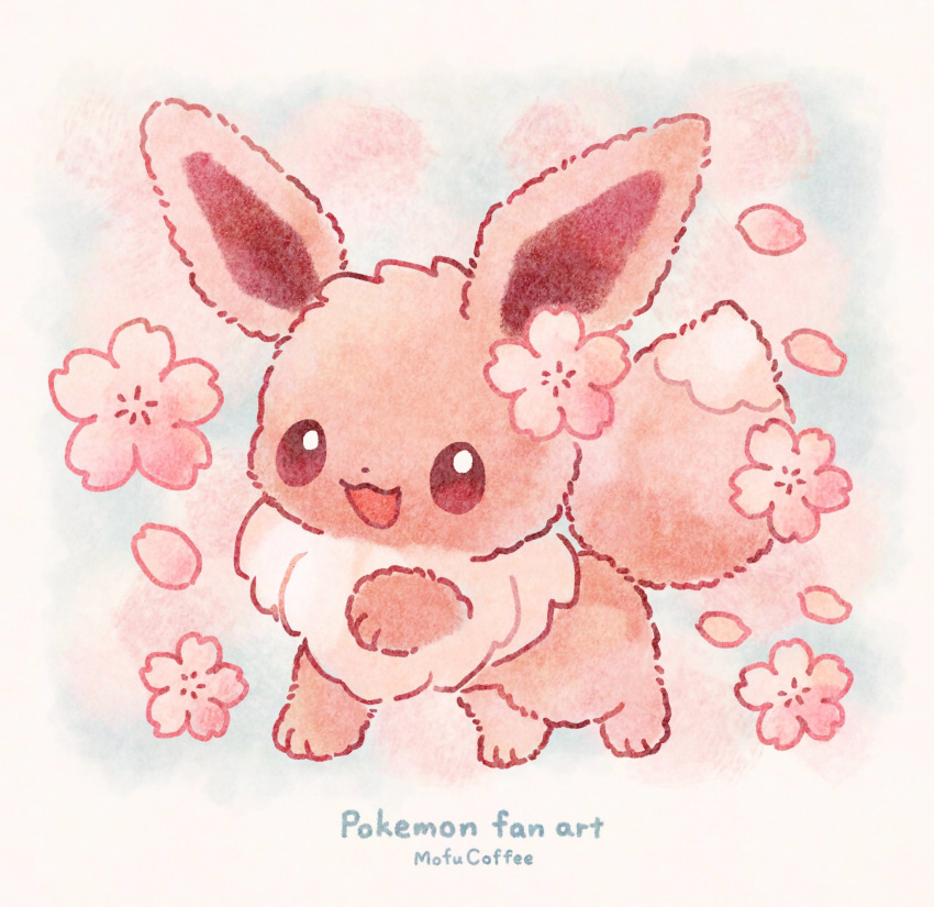 artist_name brown_eyes cherry_blossoms commentary copyright_name eevee highres mofucoffee no_humans open_mouth petals pokemon pokemon_(creature) smile solo untranslatable_commentary