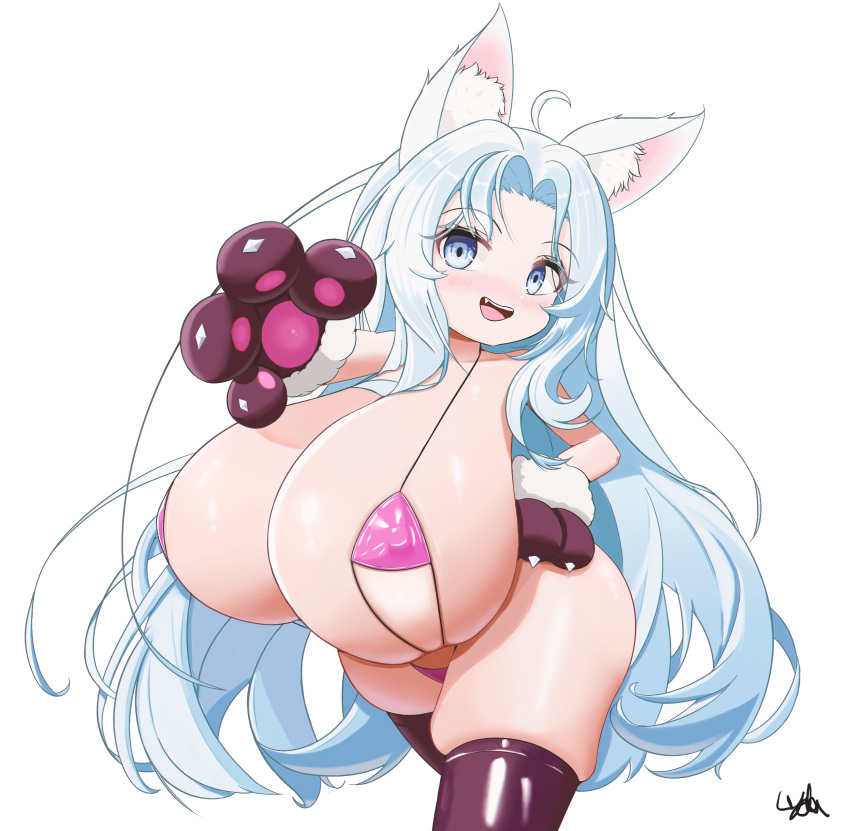 1girl absurdres ahoge animal_ears animal_hands bikini blush breasts brown_legwear covered_nipples fang fox_ears gigantic_breasts gloves hand_on_hip highres light_blue_eyes long_hair lyda093 micro_bikini open_mouth oppai_loli original paw_gloves shortstack signature simple_background skindentation slingshot_swimsuit smile solo swimsuit thick_thighs thighhighs thighs very_long_hair white_background white_hair wide_hips