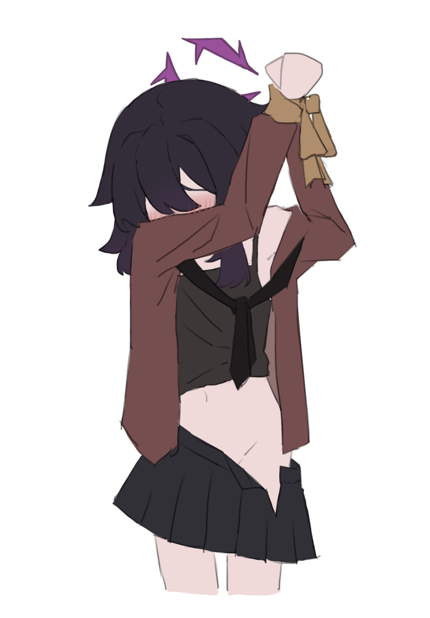 1girl arms_up black_bra black_necktie blue_archive blush bound bound_wrists bra breasts center-flap_bangs commentary_request covered_eyes covered_mouth cowboy_shot cropped_legs gradient_hair groin hair_between_eyes halo haruka_(blue_archive) highres long_sidelocks long_sleeves looking_down medium_hair metronomechan midriff multicolored_hair navel necktie partially_unbuttoned partially_undressed purple_hair purple_halo red_shirt shirt shirt_partially_removed sidelocks simple_background small_breasts solo underwear white_background