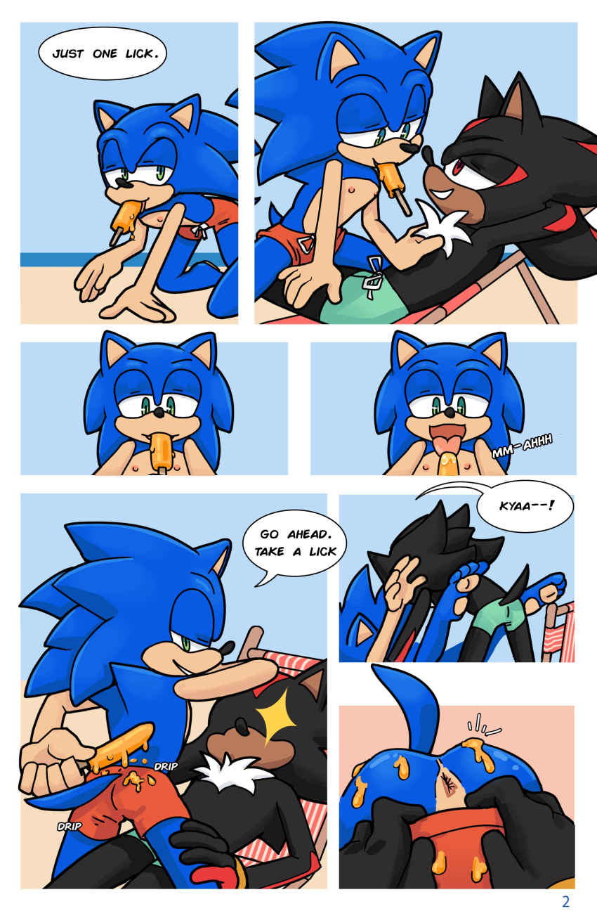 absurd_res anthro anus arrow_hearted barefoot beach butt comic dialogue duo feet food hi_res male male/male nipples pawpads popsicle popsicle_melting seaside sega shadow_the_hedgehog sonic_the_hedgehog sonic_the_hedgehog_(series) speech_bubble