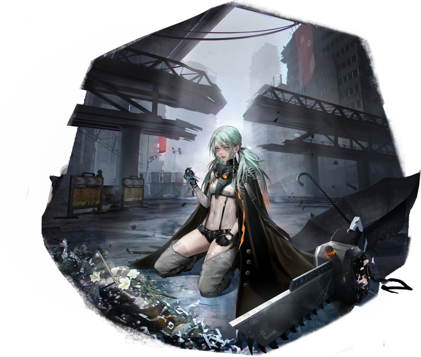 1girl artist_request banner black_cape black_gloves black_shorts black_umbrella bra braid bridge cape chainsaw chromatic_aberration clenched_hand destruction dog_tags frown gloves green_eyes green_hair grey_chaps hairband highres holding_dog_tags kneeling linea_alba mask mask_around_neck navel official_art orange_ribbon path_to_nowhere plague_doctor_mask ribbon security_camera see-through_clothes see-through_midriff see-through_thighhighs short_shorts shorts shoulder_spikes spiked_hairband spikes thighhighs traffic_barrier twin_braids twintails umbrella underwear unworn_mask wendy_(path_to_nowhere) white_bra