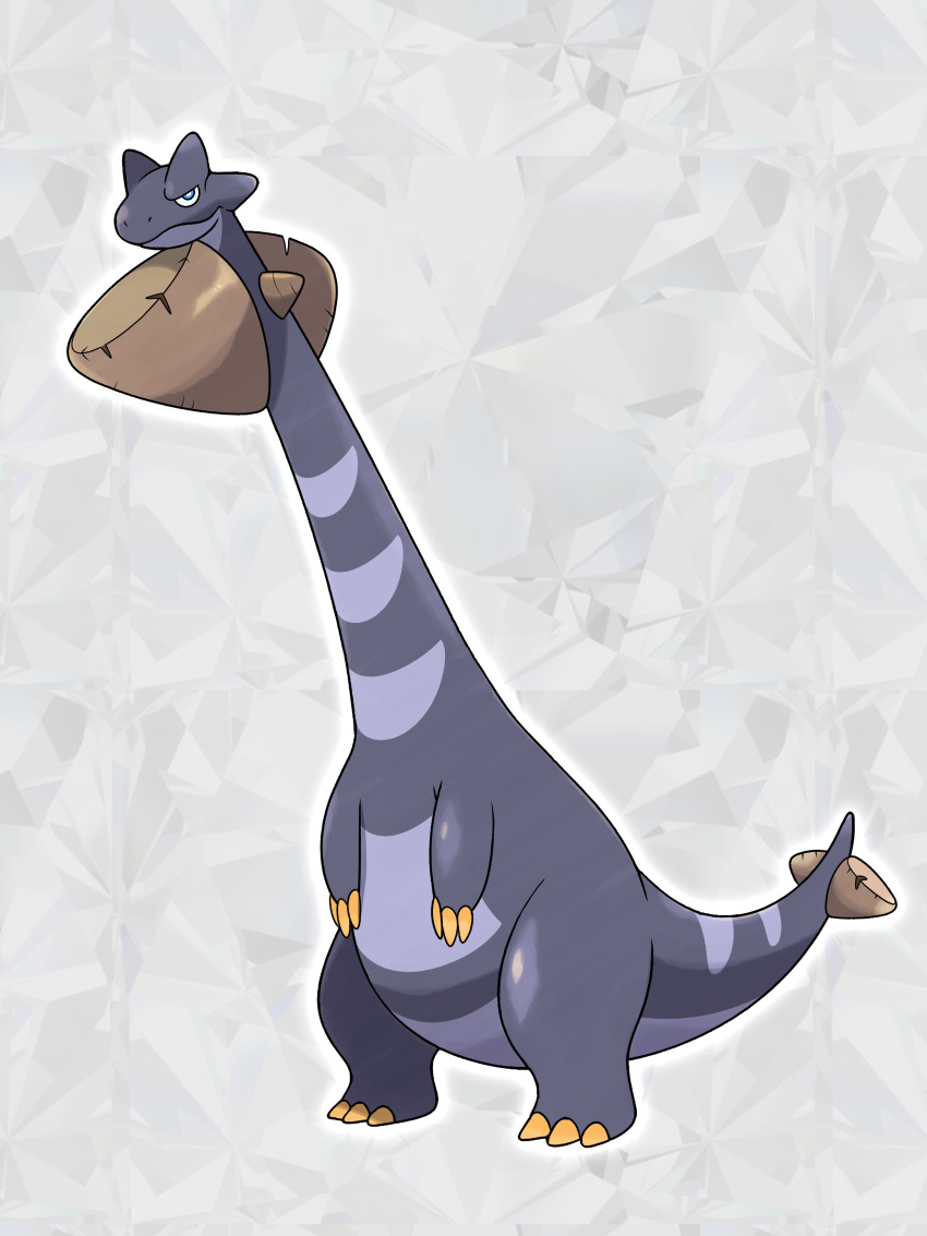 abstract_background absurdres blue_eyes calwakerz fakemon grey_background highres long_neck looking_at_viewer no_humans orange_claws original pokemon pokemon_(creature) solo standing sugimori_ken_(style) tail