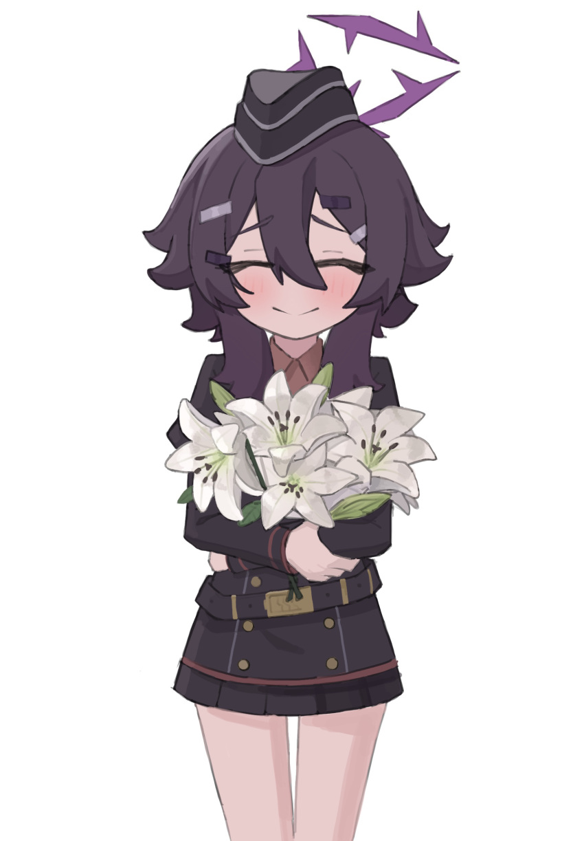 1girl belt beret blue_archive blush closed_eyes collared_shirt commentary_request cowboy_shot flower hair_between_eyes hair_ornament hairclip halo haruka_(blue_archive) hat highres holding holding_flower jacket lily_(flower) long_bangs long_sidelocks long_sleeves medium_hair metronomechan military_hat pleated_skirt puffy_long_sleeves puffy_sleeves purple_hair purple_halo purple_jacket purple_skirt red_shirt red_trim shirt sidelocks simple_background skirt smile solo white_background white_flower