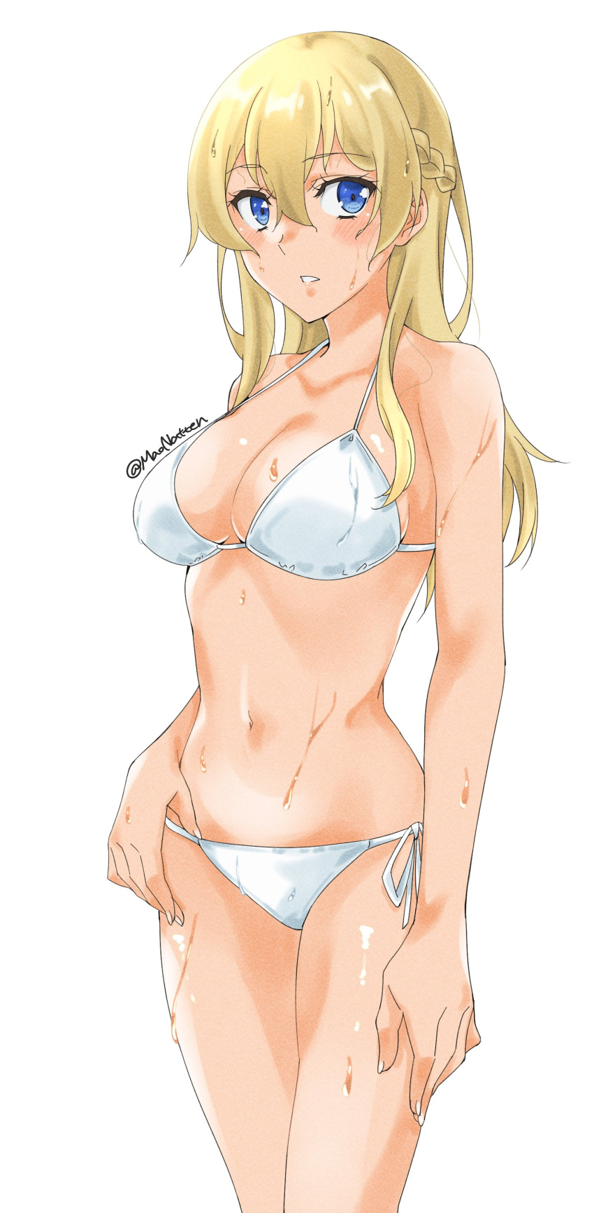 1girl absurdres bikini blonde_hair blue_eyes braid breasts cleavage cowboy_shot french_braid highres kantai_collection large_breasts long_hair looking_at_viewer maonatten one-hour_drawing_challenge side-tie_bikini simple_background solo standing swimsuit warspite_(kancolle) wet wet_clothes wet_swimsuit white_background white_bikini