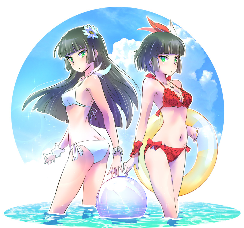 2girls ass ball beachball bikini black_hair bob_cut breasts cleavage cloud cloudy_sky commentary_request feathers flower green_eyes hair_flower hair_ornament highres iesupa innertube jewelry long_hair medium_breasts melanie_malachite miltiades_malachite multiple_girls navel necklace red_bikini rwby siblings sisters sky sparkle swimsuit transparent twins wading water white_bikini wristband