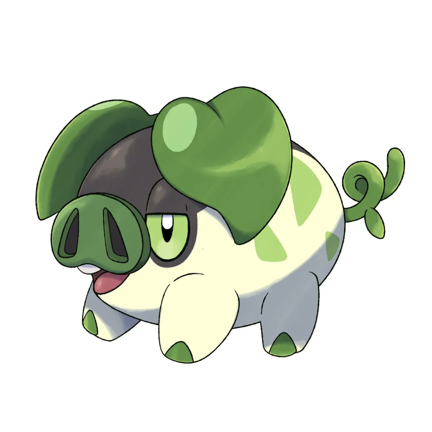 calwakerz commentary english_commentary fakemon grass_type_theme_(pokemon) green_eyes green_tail highres no_humans open_mouth original pig pokemon pokemon_(creature) solo sugimori_ken_(style) teeth upper_teeth_only