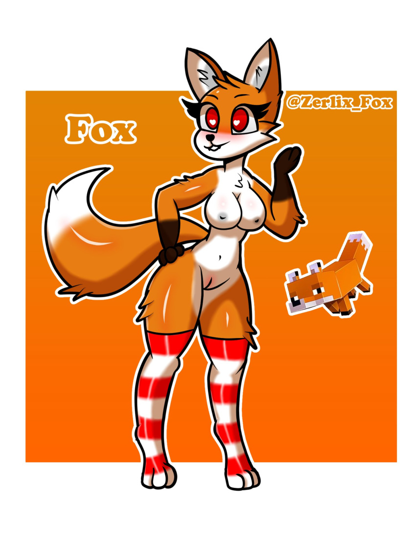 &lt;3 2022 3:4 anthro big_(disambiguation) breasts canid canine clothing curvy_figure digital_media_(artwork) female footwear fox genitals hi_res mammal microsoft minecraft mojang nipples nude orange_body paws pussy red_eyes socks solo thick_thighs video_games wide_hips xbox_game_studios zerlix_fox