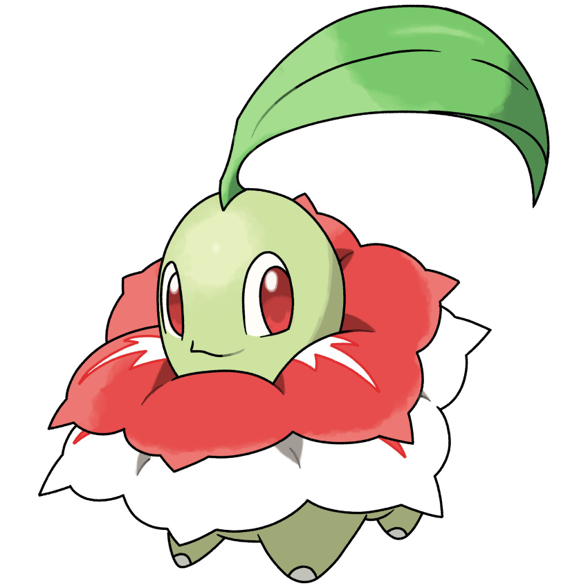 absurdres cardnlh chikorita colored_skin commentary cosplay flower green_skin highres leaf looking_at_viewer mega_meganium mega_meganium_(cosplay) mega_pokemon_(other) meganium no_humans pokemon pokemon_(creature) red_eyes red_flower simple_background solo sugimori_ken_(style) white_background white_flower