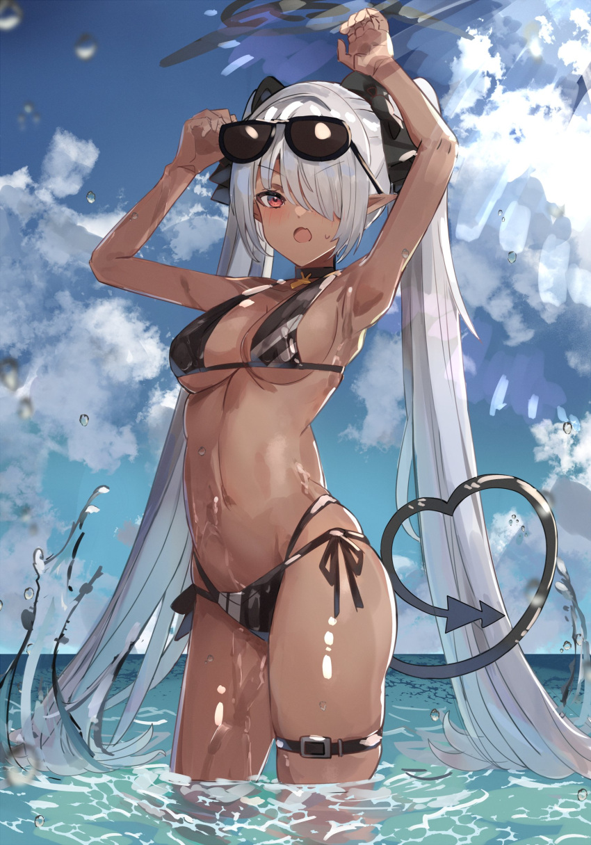 1girl absurdres arms_up bangs blue_archive blue_sky breasts brown_eyes cleavage cloud dark-skinned_female dark_skin eyebrows_visible_through_hair eyewear_on_head grey_hair hair_over_one_eye heart heart_tail highres horizon iori_(blue_archive) iori_(swimsuit)_(blue_archive) leg_strap long_hair looking_at_viewer medium_breasts navel ocean open_mouth outdoors partially_submerged pointy_ears sky solo standing sunglasses tail the_olphy twintails v-shaped_eyebrows very_long_hair