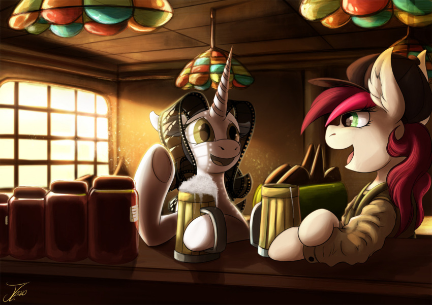 bar beverage clothing duo earth_pony equid equine female feral hat headgear headwear horn horse james_corck jar lamp light light_beam mammal movie_slate_(character) mug my_little_pony pony shirt sunbeam sunlight talking_to_another topwear unicorn window