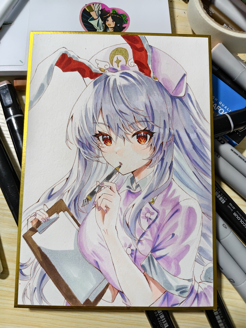 1girl absurdres alternate_costume animal_ears art_tools_in_frame breasts commentary dress hat highres holding holding_notepad holding_pen l0e9s29p large_breasts long_hair looking_at_viewer notepad nurse nurse_cap pen photo_(medium) pink_dress pink_hat purple_hair rabbit_ears rabbit_girl red_eyes reisen_udongein_inaba reisen_udongein_inaba_(student_of_a_renowned_doctor) shikishi short_sleeves solo touhou touhou_lostword traditional_media very_long_hair