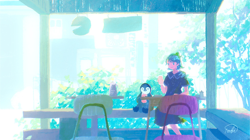 1girl awning bench bird black_dress blue_hair blurry blurry_background bush cafe chair commentary cup dress english_commentary feet_out_of_frame flipped_hair holding holding_cup kettle light_smile original penguin scenery short_hair signature sitting spring_(season) tabi_(tabisumika) table tree