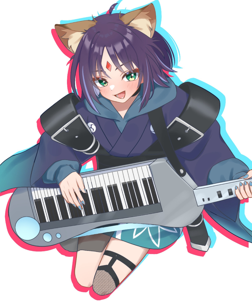 1girl blue_hair blue_hoodie blue_kimono blue_nails braid cho_kaguya-hime! commentary daifuku_um fishnet_pantyhose fishnets forehead_jewel garter_straps green_eyes highres holding holding_instrument hood hood_down hoodie instrument japanese_clothes kimono nail_polish open_mouth pantyhose sakayori_iroha short_hair simple_background single_braid solo white_background