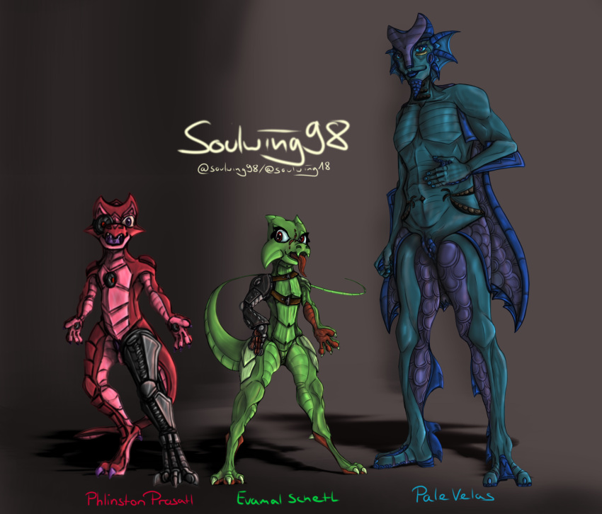 2021 anthro blue_body blue_eyes blue_scales clawed_fingers claws digital_media_(artwork) evamal_(soulwing98) female gills green_body green_scales group hi_res horn humanoid kobold magic male marine merfolk ocular_prosthetic pale_(soulwing98) pawpads phlinston_(soulwing98) prosthetic prosthetic_leg prosthetic_limb red_body red_eyes red_scales scales scalie slit soulwing98 split_form toe_claws