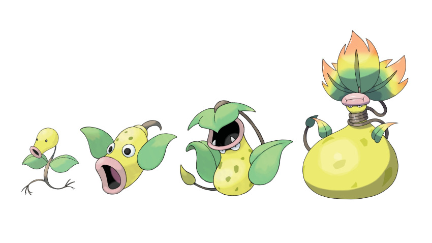 bellsprout cardnlh commentary english_commentary evolutionary_line highres leaf mega_victreebel no_humans pokemon pokemon_(creature) simple_background sugimori_ken_(style) victreebel weepinbell white_background