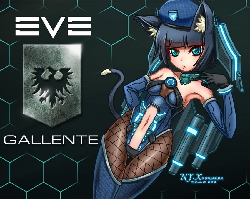 1girl animal_ear_fluff animal_ears aqua_background arm_behind_back armpits ass_visible_through_thighs bare_shoulders beret black_gloves black_hair blue_boots blue_eyes blue_hat blue_leotard blue_sleeves blunt_bangs boots breasts brown_pantyhose cameltoe capital_ship_(eve_online) carrier_(eve_online) cat_ears cat_girl cat_tail collarbone combat_ship_(eve_online) commentary_request copyright_logo copyright_name cowboy_shot creodron_(eve_online) dated detached_sleeves dutch_angle electronic_warfare_ship_(eve_online) eve_online fishnet_pantyhose fishnets gallente_federation_(eve_online) gloves glowing glowing_eyes glowing_footwear hand_up hat head_tilt heavy_fighter_(eve_online) hexagon holding honeycomb_(pattern) honeycomb_background leotard logo looking_at_viewer mecha_musume medium_breasts navel nyx_(eve_online) pantyhose partial_commentary personification science_fiction short_hair slit_pupils solo spacecraft starfighter stomach super_capital_ship_(eve_online) supercarrier_(eve_online) tail thigh_boots thigh_gap