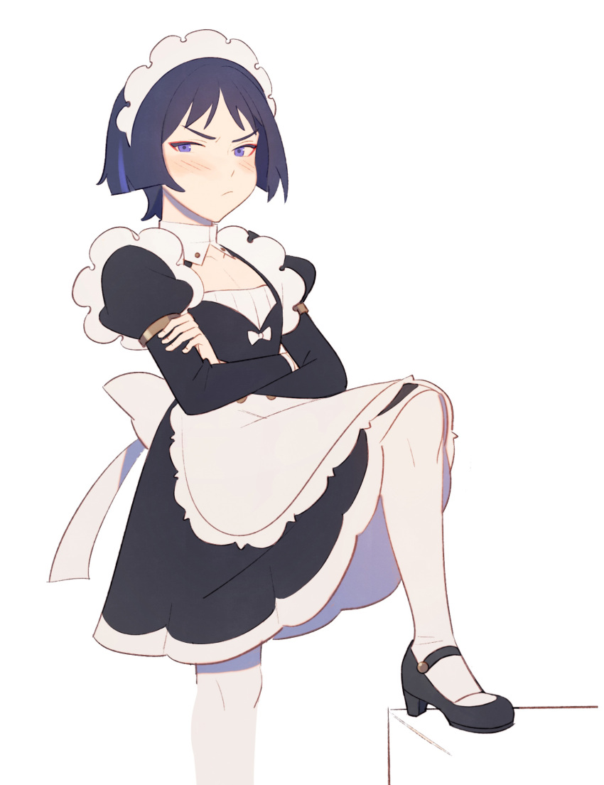 1boy alternate_costume apron bad_id bad_twitter_id black_dress black_footwear blush crossdressing dress english_commentary enmaided eyeliner genshin_impact highres juliet_sleeves lilyglazed long_sleeves looking_at_viewer maid maid_apron maid_headdress makeup male_focus male_maid otoko_no_ko pantyhose puffy_sleeves purple_eyes purple_hair red_eyeliner scaramouche_(genshin_impact) short_hair solo white_background white_pantyhose