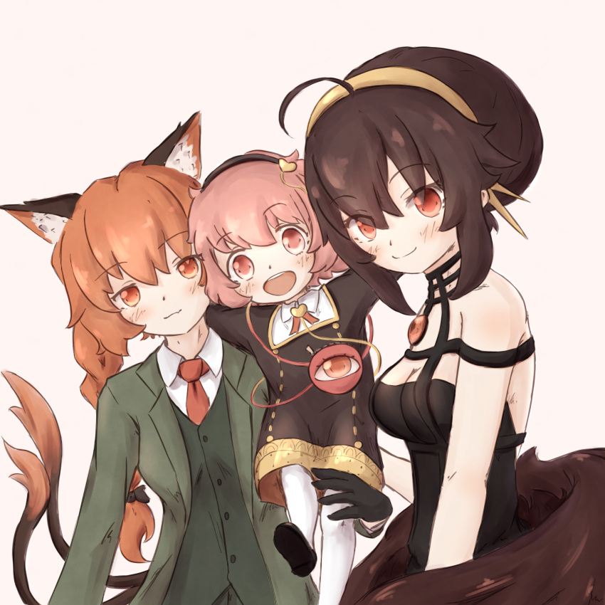 3girls :d alternate_costume animal_ear_fluff animal_ears anya_(spy_x_family) anya_(spy_x_family)_(cosplay) black_dress blush bow braid breasts brown_hair cat_ears cosplay dress eyebrows_visible_through_hair fang gloves hair_between_eyes hairband heart highres kaenbyou_rin komeiji_satori light_smile long_hair long_sleeves looking_at_viewer multiple_girls nekomata open_mouth pink_eyes pink_hair pointy_ears red_eyes red_hair reiuji_utsuho shirt short_hair skin_fang smile spy_x_family tail third_eye touhou twilight_(spy_x_family) twilight_(spy_x_family)_(cosplay) twin_braids wide_sleeves yenyen yor_briar yor_briar_(cosplay) younger