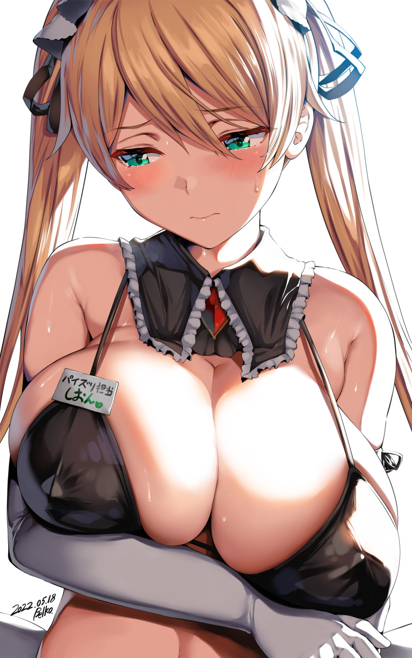 1girl arm_under_breasts artist_name banned_artist bare_shoulders belko bikini black_bikini blonde_hair borrowed_character breasts closed_mouth covered_nipples dated detached_collar elbow_gloves frills gloves green_eyes hair_ribbon highres large_breasts long_hair looking_down looking_to_the_side maid original ribbon shy skindentation solo strap_gap sweat swimsuit twintails upper_body white_gloves