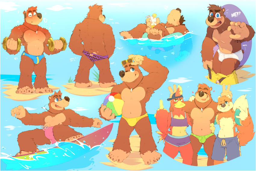 2022 anthro anthrofied avian backwards_baseball_cap backwards_hat ball banjo-kazooie banjo_(banjo-kazooie) baseball_cap beach beach_ball beak belt beverage bikini bikini_bottom bikini_top bird blush bodily_fluids bottomwear bottomwear_down breegull bulge clothed clothing cloud conker conker's_bad_fur_day container cup day dialogue dumbbell english_text exercise eyebrows eyewear eyewear_on_head feathers female flotation_device fur gesture grass group hat headgear headwear hi_res hollo_nut inflatable jewelry kazooie life_ring male male_focus mammal masturbation middle_finger muscular muscular_anthro muscular_male navel necklace one_eye_closed open_mouth partially_clothed penile penile_masturbation plant rareware rodent sand sciurid seaside shorts shorts_down sitting sky smile solo_focus sound_effects speedo speedo_down standing sunglasses sunglasses_on_head surfboard surfing sweat swimming_trunks swimwear text tongue trio tuft underwear ursid v_sign video_games water weightlifting weights wink workout