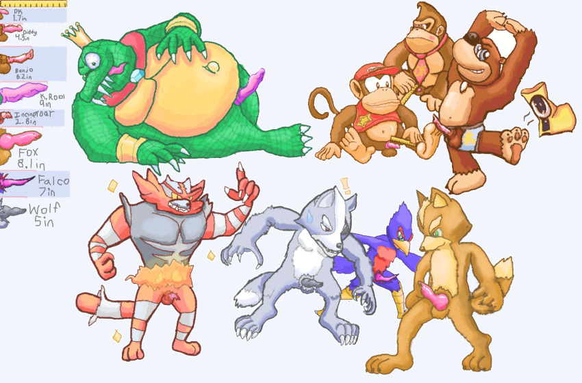 absurd_res animal_genitalia animal_penis anthro ape avian_penis banjo-kazooie banjo_(banjo-kazooie) canid canine canine_penis canis clothing comparing comparing_penis crocodile crocodilian crocodylid diddy_kong domestic_cat donkey_kong_(character) donkey_kong_(series) embarrassed falco_lombardi felid feline feline_penis felis fox fox_mccloud genitals gorilla group haplorhine hi_res incineroar invalid_tag king_k._rool knot male mammal measuring measuring_penis monkey nintendo penile_spines penis pok&eacute;mon pok&eacute;mon_(species) primate rareware rarewarefan42 reptile scalie star_fox underwear video_games wolf wolf_o'donnell