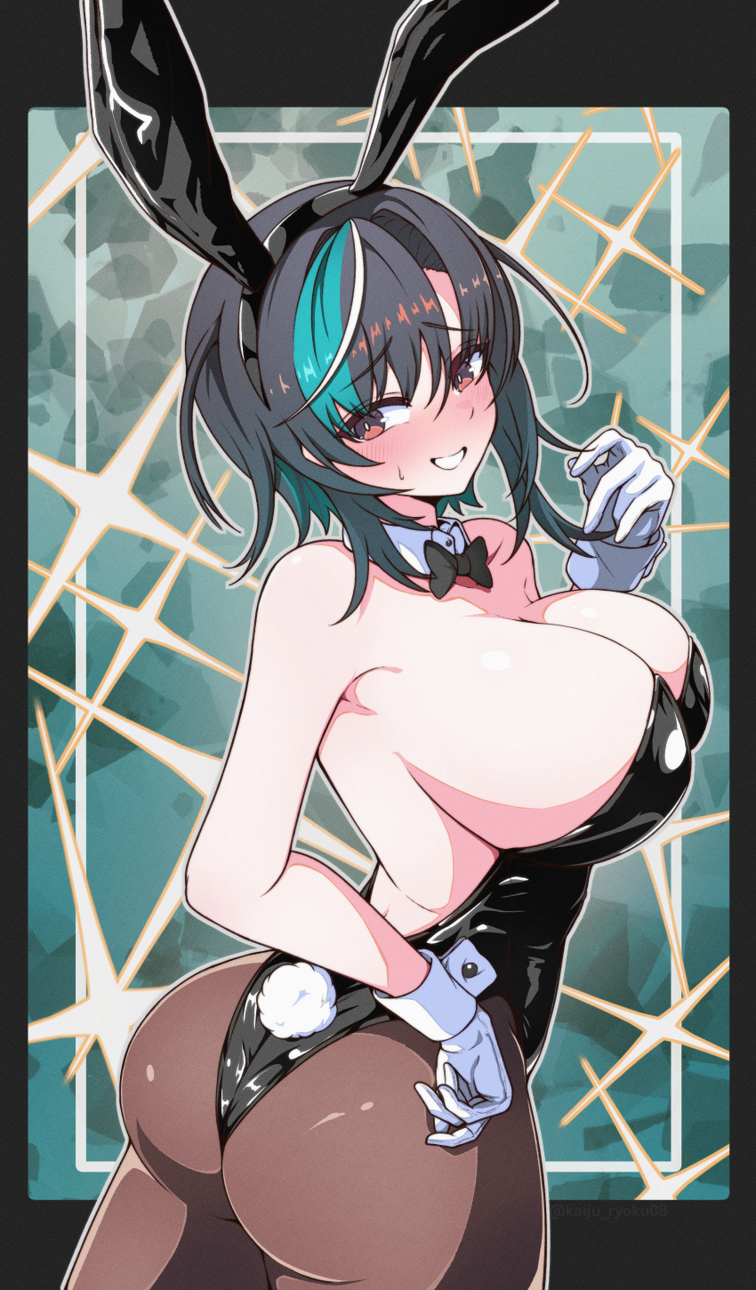 1girl absurdres animal_ear_hairband animal_ears aqua_hair ass averting_eyes backless_leotard bare_back bare_shoulders black_bow black_bowtie black_hair black_leotard black_pantyhose blush bow bowtie breasts cleavage commentary detached_collar fake_animal_ears fake_tail gloves hairband hand_up highleg highleg_leotard highres hololive hololive_dev_is kaiju_ryoku large_breasts leotard looking_at_viewer looking_back multicolored_hair pantyhose playboy_bunny rabbit_ear_hairband rabbit_ears rabbit_tail red_eyes rindo_chihaya short_hair sideboob solo strapless strapless_leotard streaked_hair tail traditional_bowtie virtual_youtuber white_gloves white_streaks white_wrist_cuffs wrist_cuffs