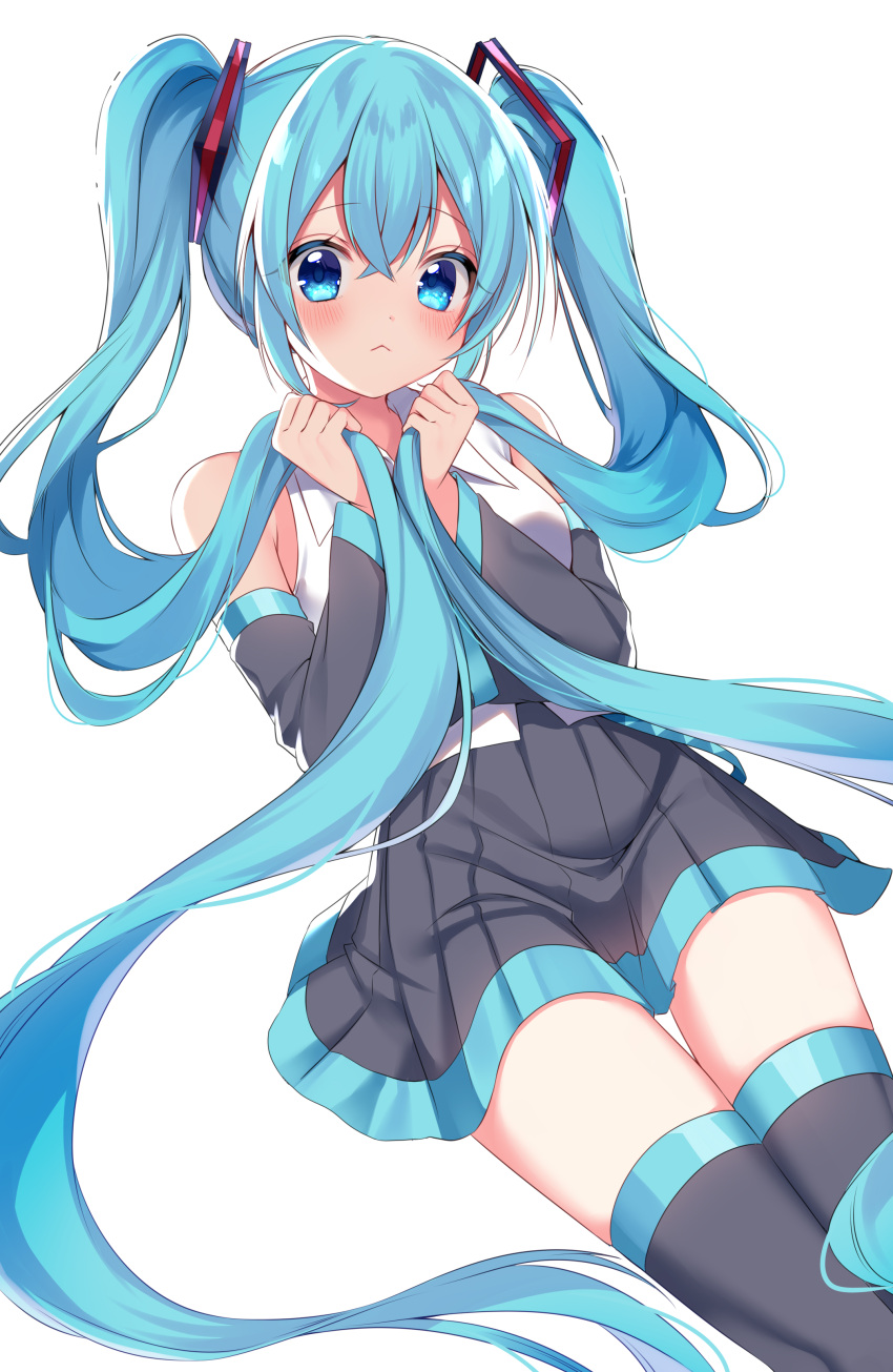 1girl :&lt; absurdres bangs blue_eyes blush commentary detached_sleeves grey_legwear grey_skirt hatsune_miku highres holding holding_hair light_blue_hair long_hair looking_at_viewer parted_bangs pleated_skirt shinonome_asu simple_background skirt sleeveless solo thighhighs twintails very_long_hair vocaloid white_background