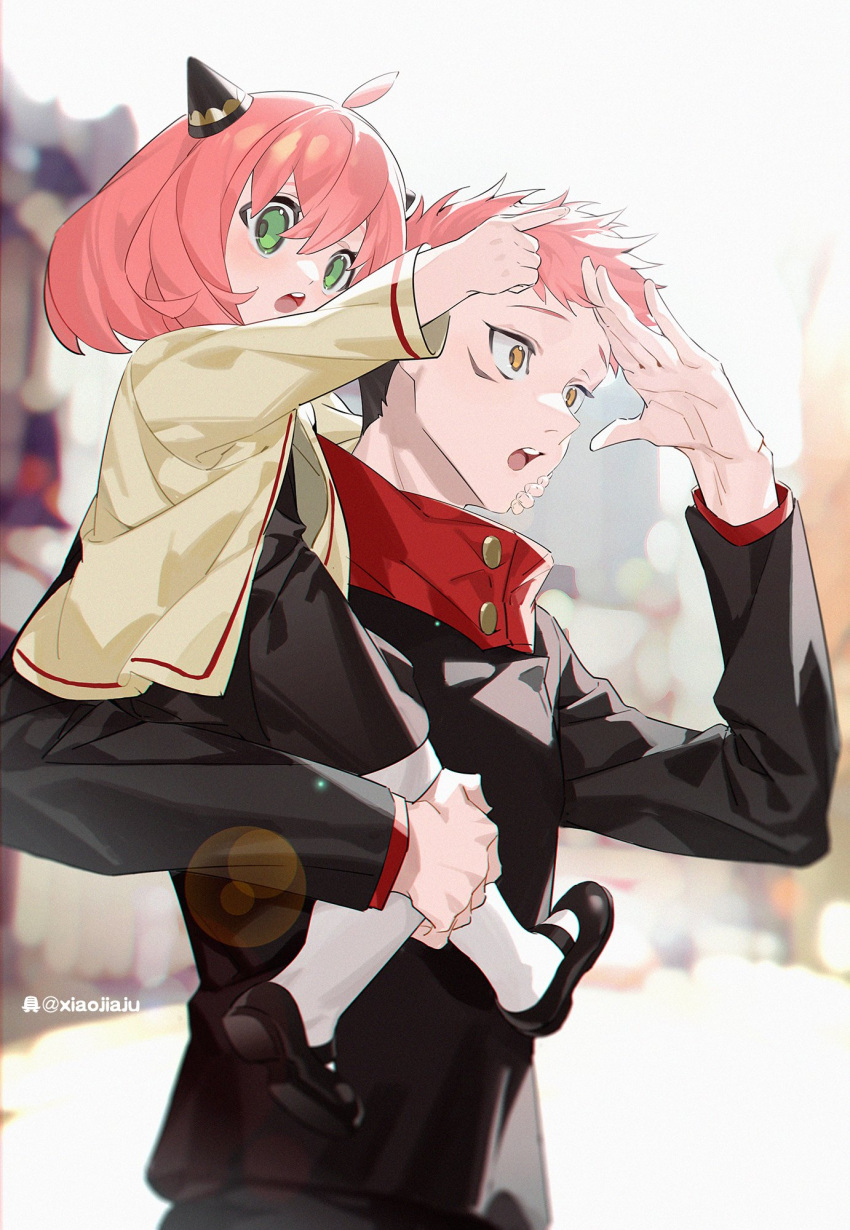 1boy 1girl ahoge anya_(spy_x_family) bangs black_hair blush child dress facial_mark green_eyes hairband highres hood hoodie itadori_yuuji jacket jujutsu_kaisen lan-ge-zi long_hair long_sleeves open_mouth pink_hair school_uniform shirt short_hair simple_background smile spiked_hair spy_x_family